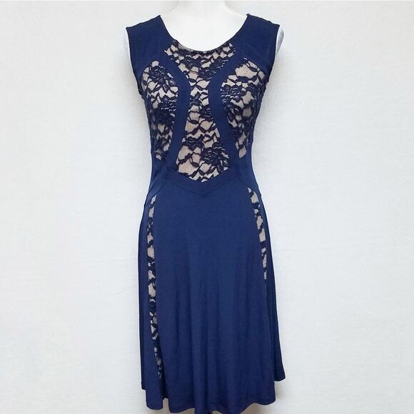 VINTAGE Candalate Navy Blue Lace Contrast Nude Sleeveless Fit & Flare Dress S - Picture 2 of 9